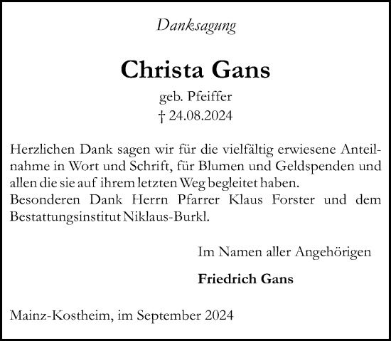 Traueranzeige von Christa Gans von Allgemeine Zeitung Mainz