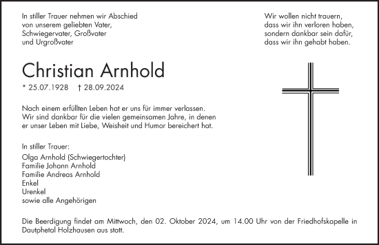 Traueranzeige von Christian Arnhold von Hinterländer Anzeiger