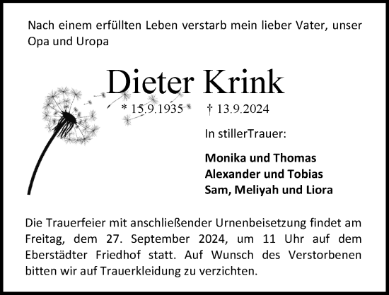 Traueranzeige von Dieter Krink von Darmstädter Echo