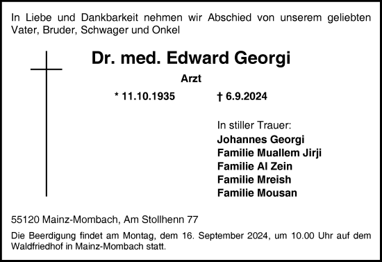 Traueranzeige von Edward Georgi von Allgemeine Zeitung Mainz