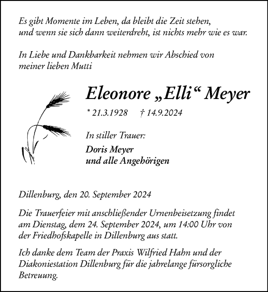 Traueranzeige von Eleonore Meyer von Dill Block