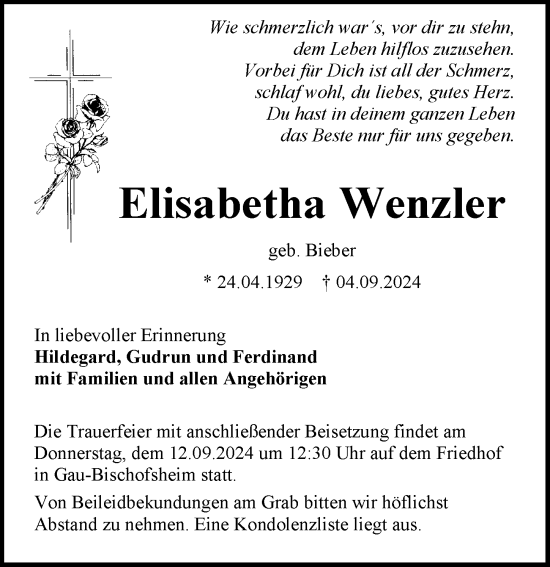 Traueranzeige von Elisabetha Wenzler von Allgemeine Zeitung Mainz