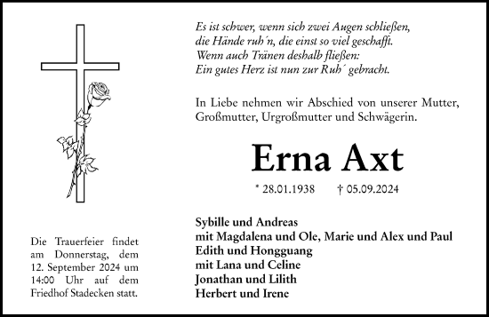 Traueranzeige von Erna Axt von Allgemeine Zeitung Mainz