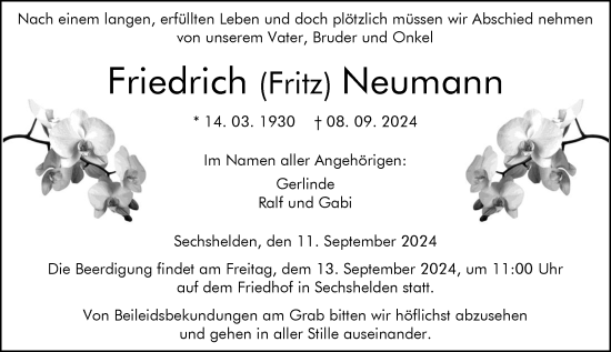 Traueranzeige von Friedrich Neumann von Dill Block