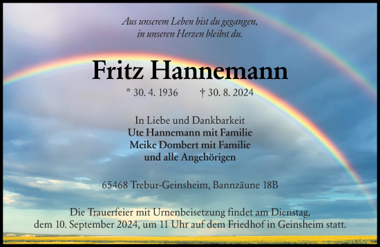 Traueranzeige von Fritz Hannemann von Groß-Gerauer Echo