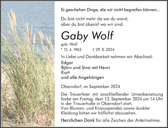 Traueranzeige von Gaby Wolf von Wetzlarer Neue Zeitung