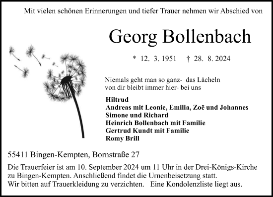 Traueranzeige von Georg Bollenbach von Allgemeine Zeitung Rheinhessen-Nahe