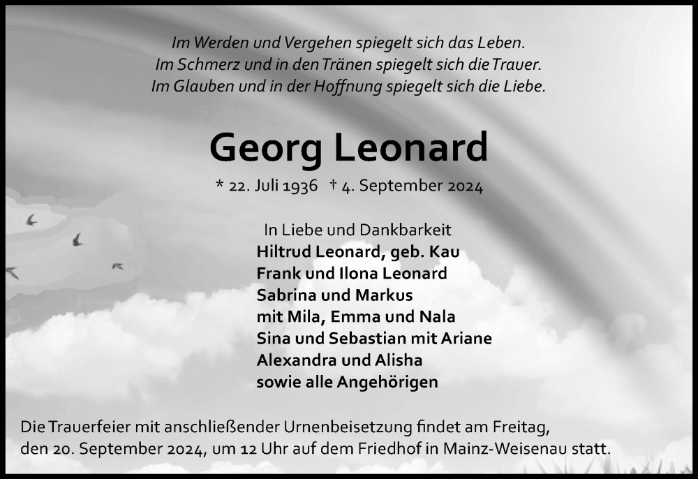  Traueranzeige für Georg Leonard vom 14.09.2024 aus Allgemeine Zeitung Mainz