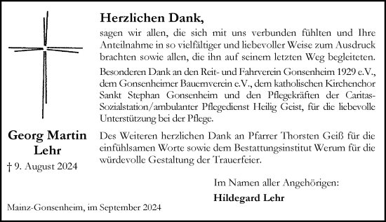 Traueranzeige von Georg Martin Lehr von Allgemeine Zeitung Mainz