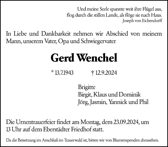 Traueranzeige von Gerhard Wenchel von Darmstädter Echo