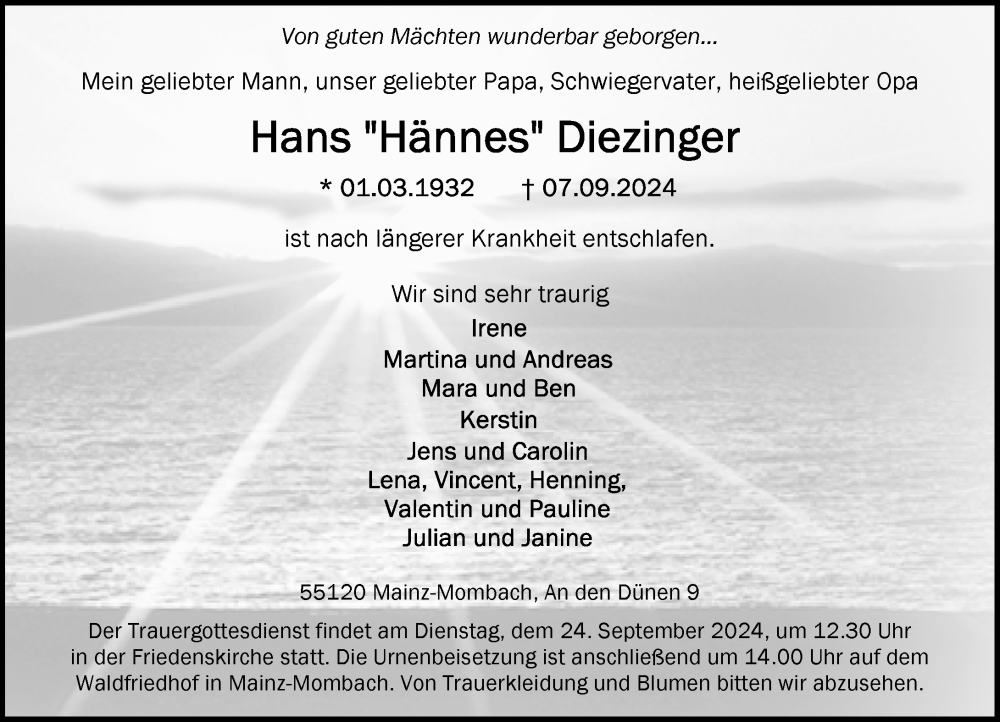  Traueranzeige für Hans Diezinger vom 14.09.2024 aus Allgemeine Zeitung Mainz