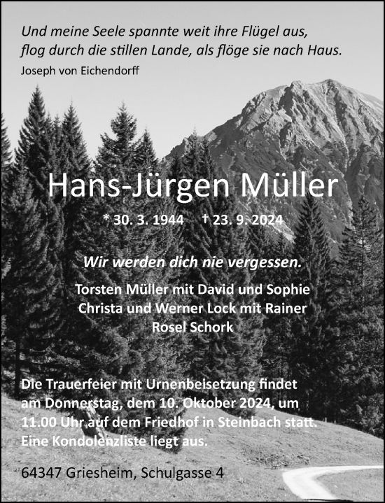 Traueranzeige von Hans-Jürgen Müller von Odenwälder Echo