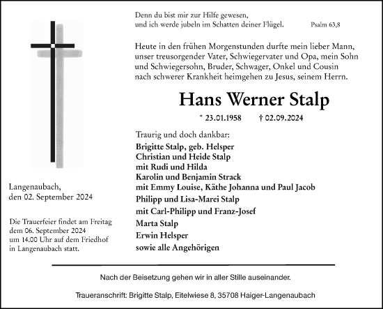 Traueranzeige von Hans Werner Stalp von Dill Block