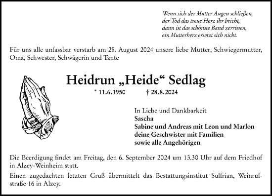 Traueranzeige von Heidrun Sedlag von Allgemeine Zeitung Alzey