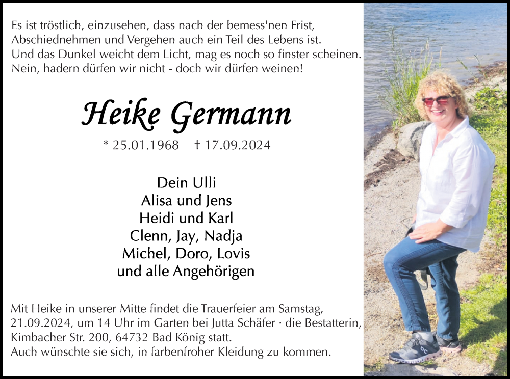  Traueranzeige für Heike Germann vom 21.09.2024 aus Odenwälder Echo