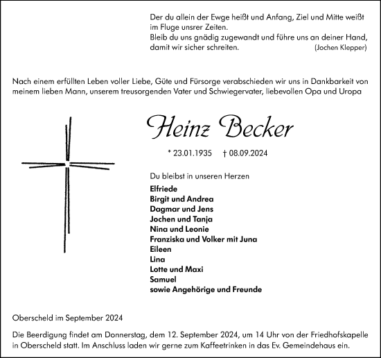 Traueranzeige von Heinz Becker von Dill Block