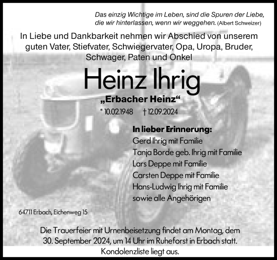 Traueranzeige von Heinz Ihrig von Odenwälder Echo