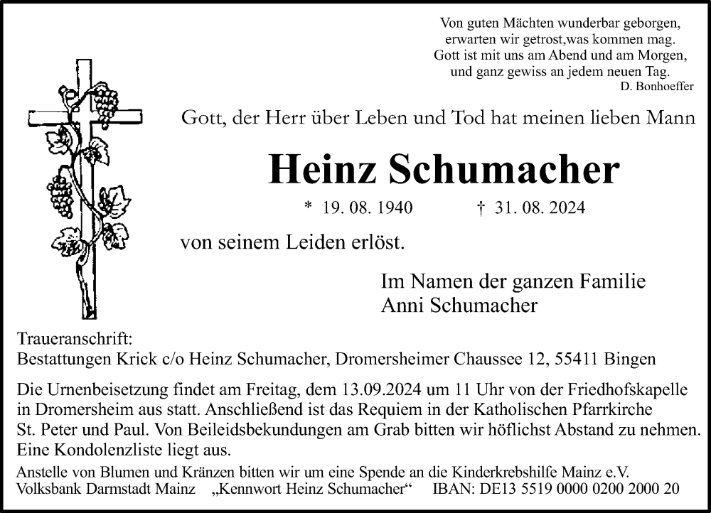  Traueranzeige für Heinz Schumacher vom 07.09.2024 aus Allgemeine Zeitung Rheinhessen-Nahe