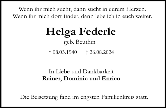 Traueranzeige von Helga Federle von Darmstädter Echo