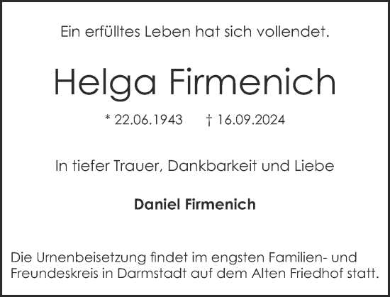 Traueranzeige von Helga Firmenich von Darmstädter Echo