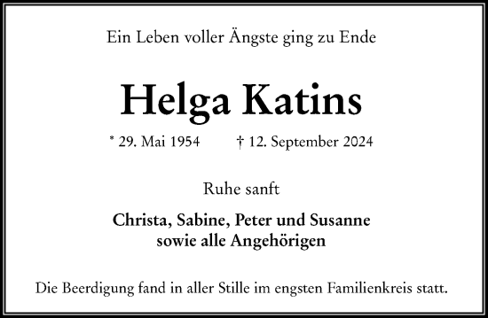 Traueranzeige von Helga Katins von Wiesbadener Kurier