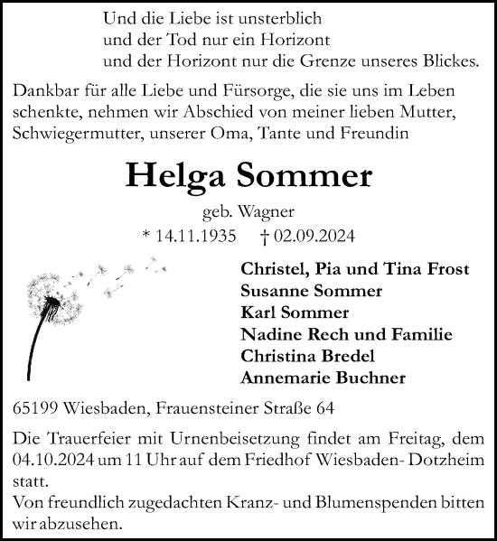 Traueranzeige von Helga Sommer von Wiesbadener Kurier