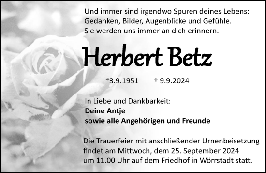 Traueranzeige von Herbert Betz von Allgemeine Zeitung Mainz