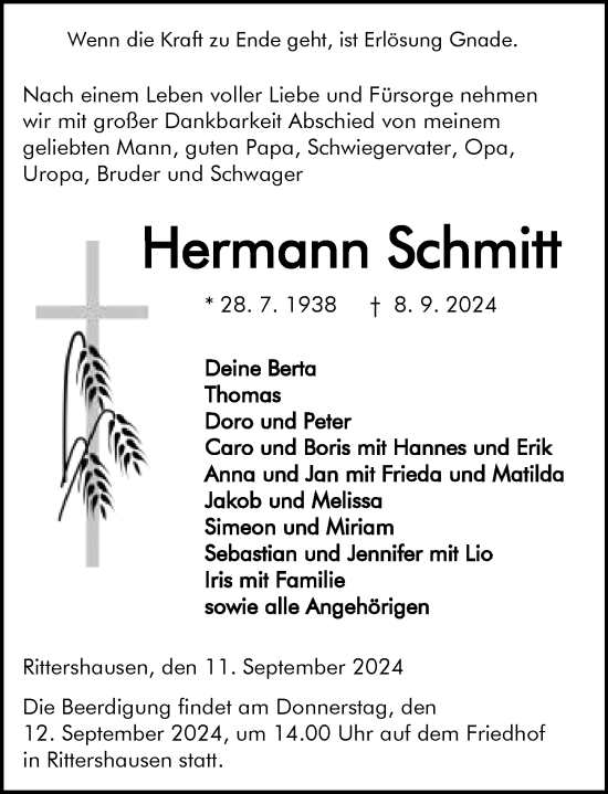 Traueranzeige von Hermann Schmitt von Dill Block