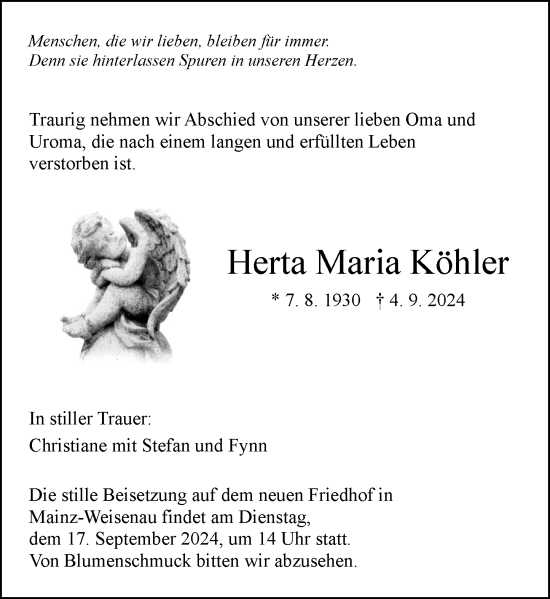 Traueranzeige von Herta Maria Köhler von Allgemeine Zeitung Mainz