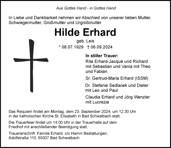 Traueranzeige von Hilde Erhard von Wiesbadener Kurier