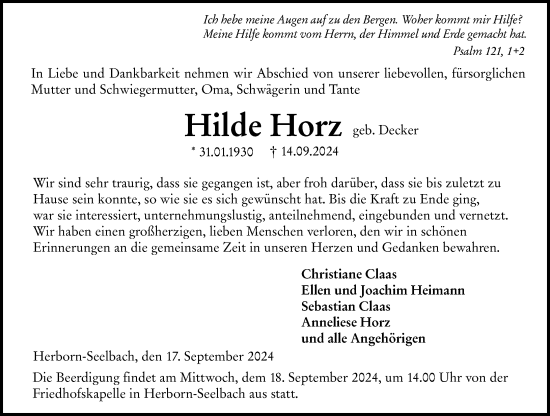 Traueranzeige von Hilde Horz von Dill Block