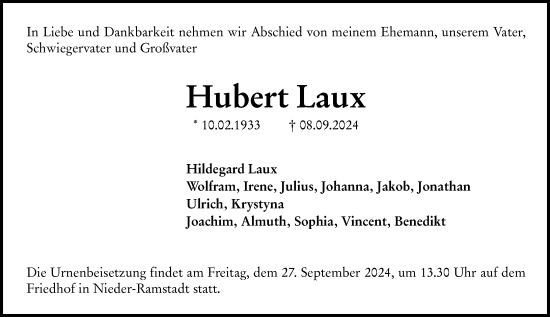 Traueranzeige von Hubert Laux von Darmstädter Echo