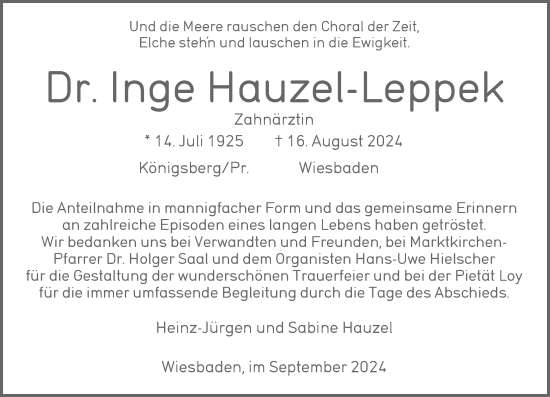 Traueranzeige von Inge Hauzel-Leppek von Wiesbadener Kurier