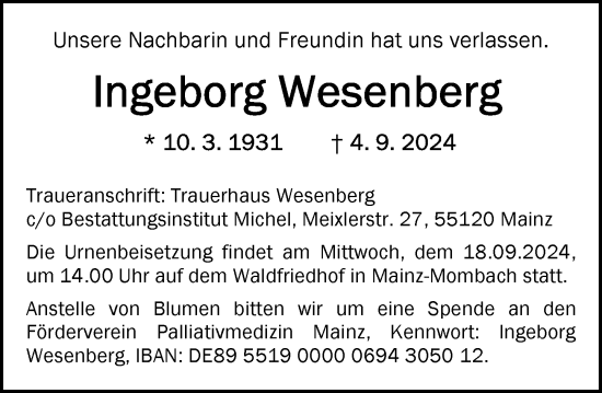 Traueranzeige von Ingeborg Wesenberg von Allgemeine Zeitung Mainz