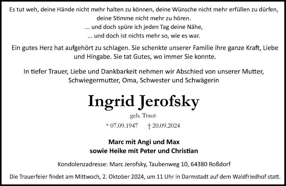  Traueranzeige für Ingrid Jerofsky vom 28.09.2024 aus Darmstädter Echo