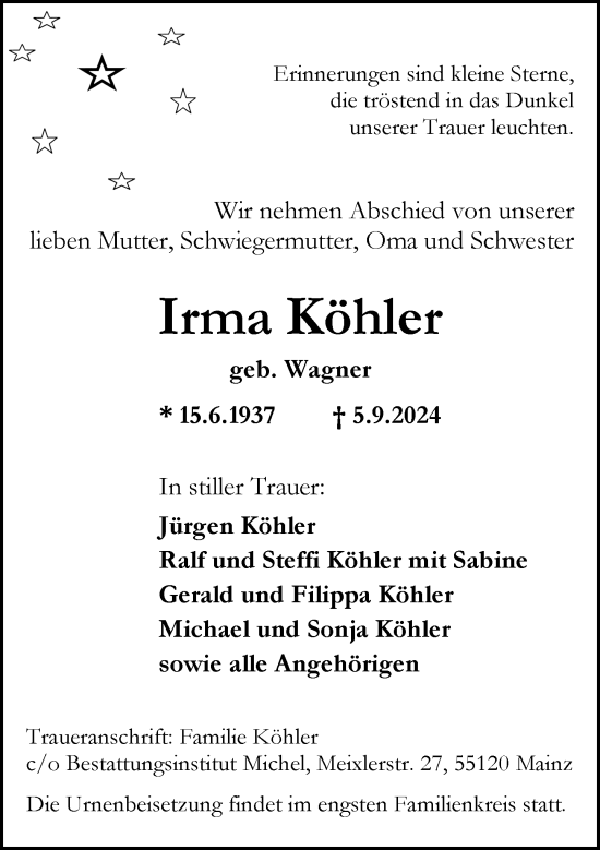 Traueranzeige von Irma Köhler von Allgemeine Zeitung Mainz