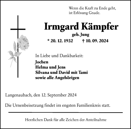 Traueranzeige von Irmgard Kämpfer von Dill Block