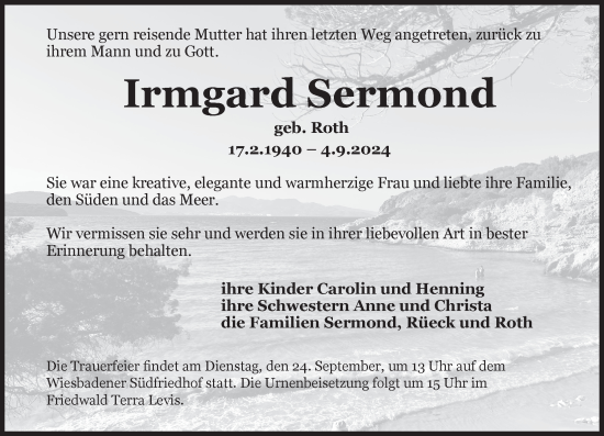 Traueranzeige von Irmgard Sermond von Wiesbadener Kurier