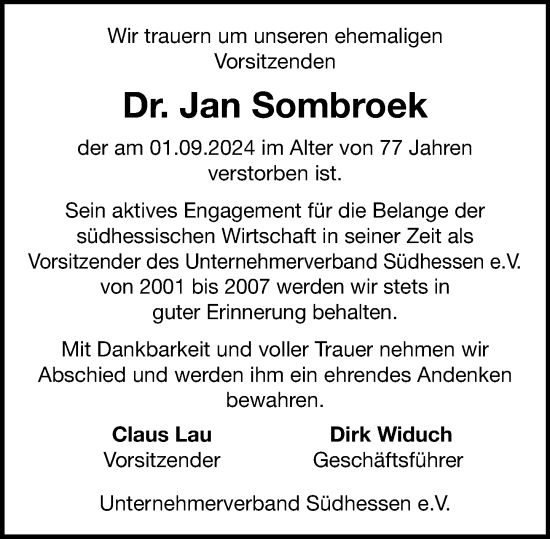 Traueranzeige von Jan Sombroek von Darmstädter Echo