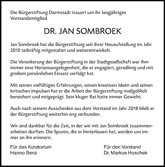 Traueranzeige von Jan Sombroek von Darmstädter Echo