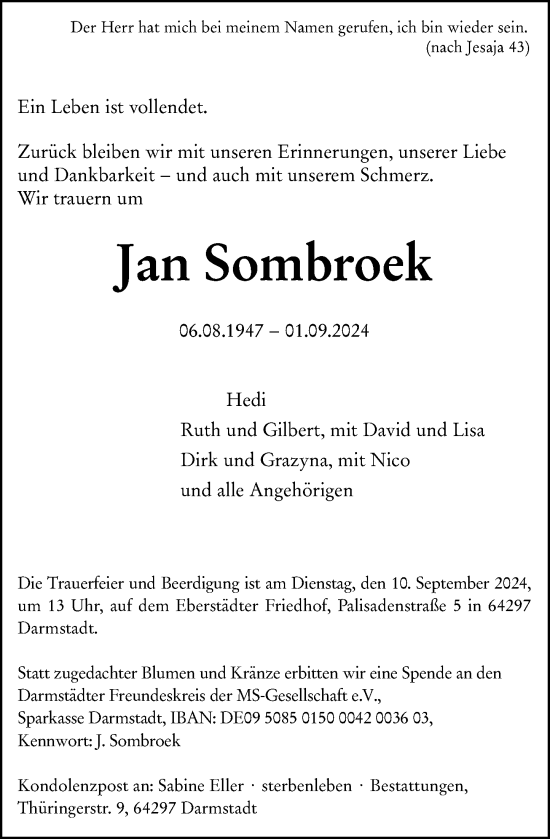 Traueranzeige von Jan Sombroek von Darmstädter Echo