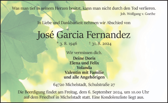 Traueranzeige von Jose Garcia Fernandez von Odenwälder Echo