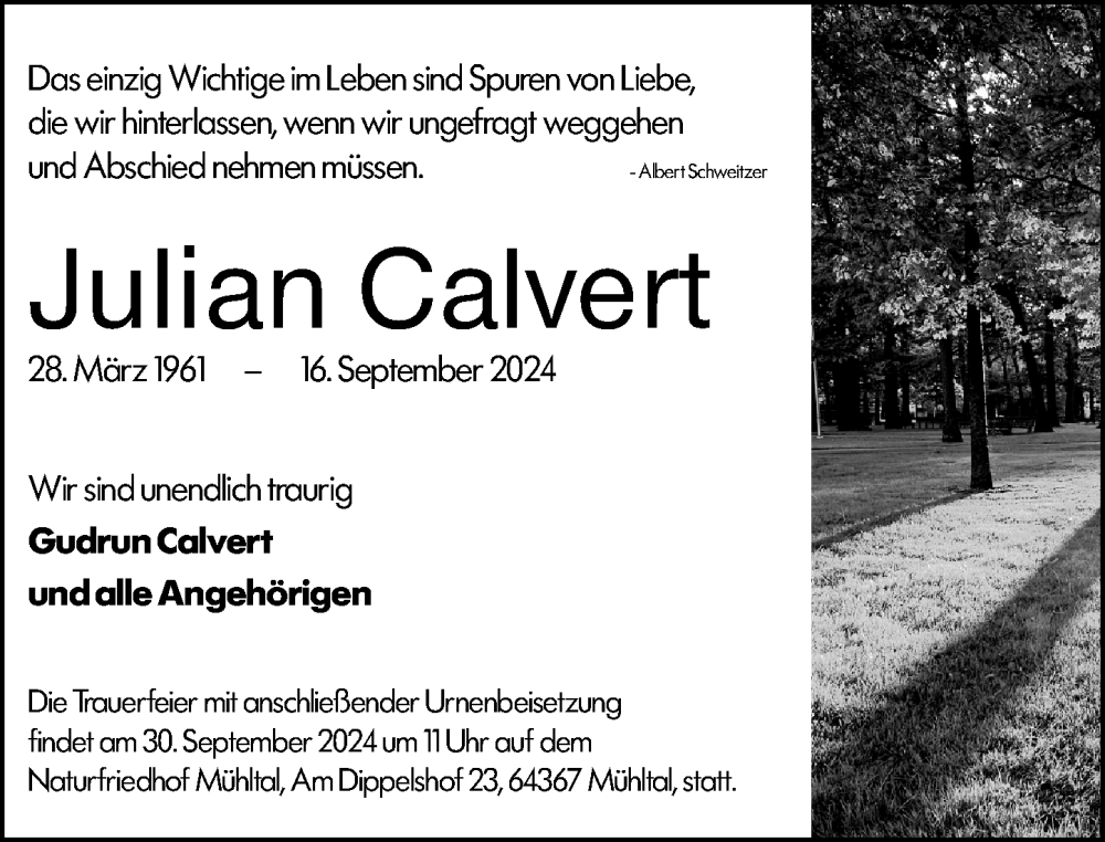  Traueranzeige für Julian Calvert vom 21.09.2024 aus Darmstädter Echo