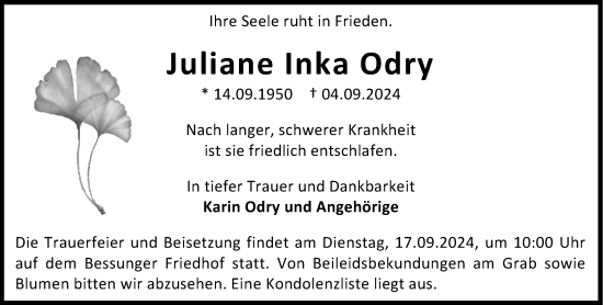 Traueranzeige von Juliane Inka Odry von Darmstädter Echo