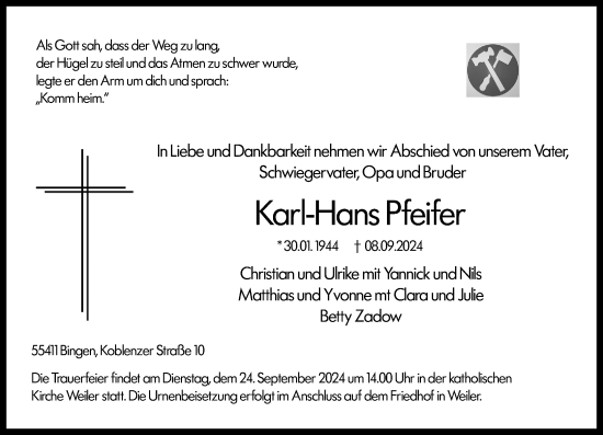 Traueranzeige von Karl-Hans Pfeifer von Allgemeine Zeitung Rheinhessen-Nahe