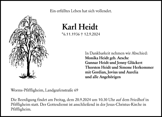 Traueranzeige von Karl Heidt von Wormser Zeitung