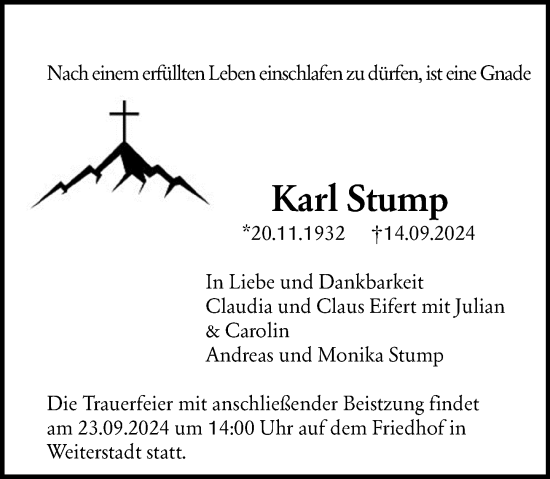 Traueranzeige von Karl Stump von Darmstädter Echo