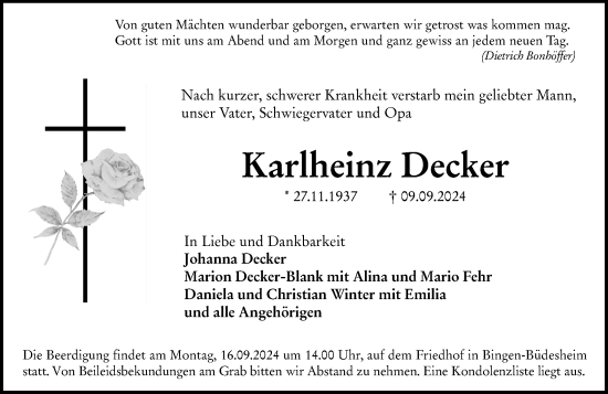 Traueranzeige von Karlheinz Decker von Allgemeine Zeitung Rheinhessen-Nahe