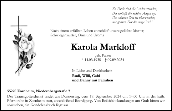 Traueranzeige von Karola Markloff von Allgemeine Zeitung Mainz