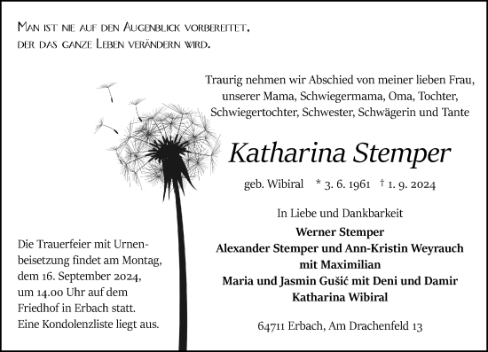 Traueranzeige von Katharina Stemper von Odenwälder Echo